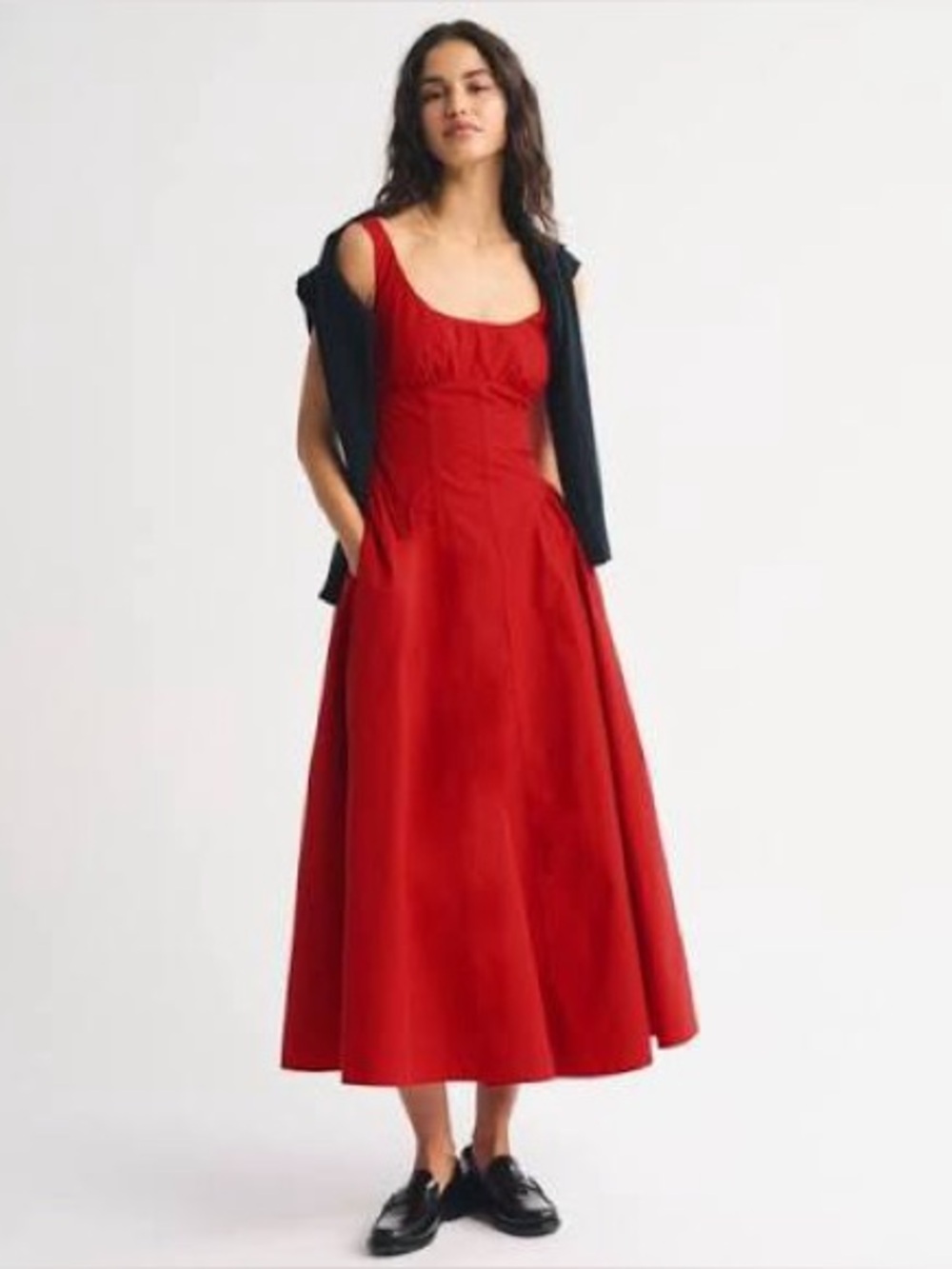 100% Cotton A&F Bra-Free Dylan Midi Dress Red